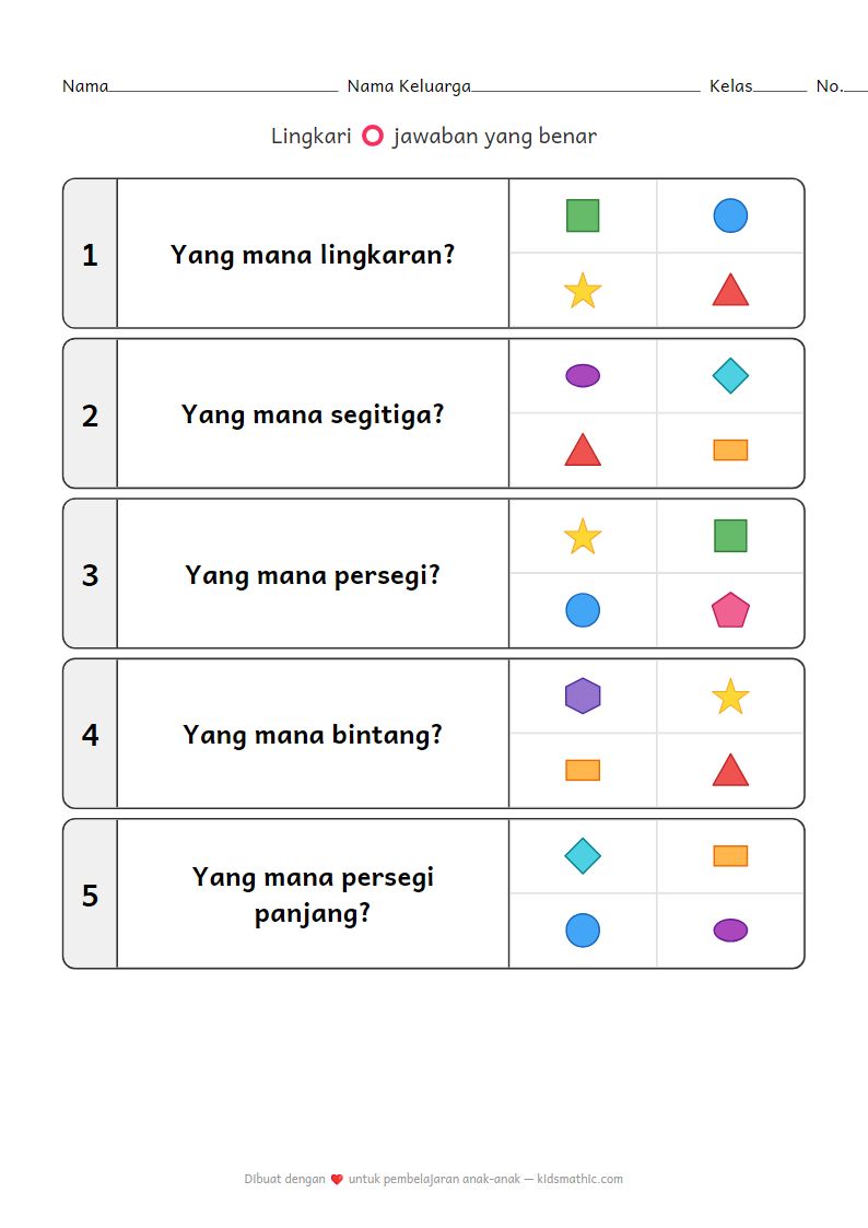 Lembar Kerja Memilih Bentuk Geometris untuk Anak TK