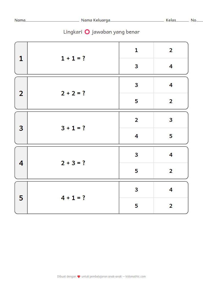 Lembar Kerja Penambahan Sederhana (Hasil hingga 5) untuk Anak Prasekolah