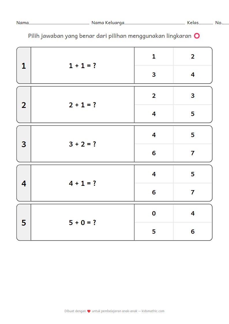 Lembar kerja penjumlahan sederhana untuk anak-anak taman kanak-kanak