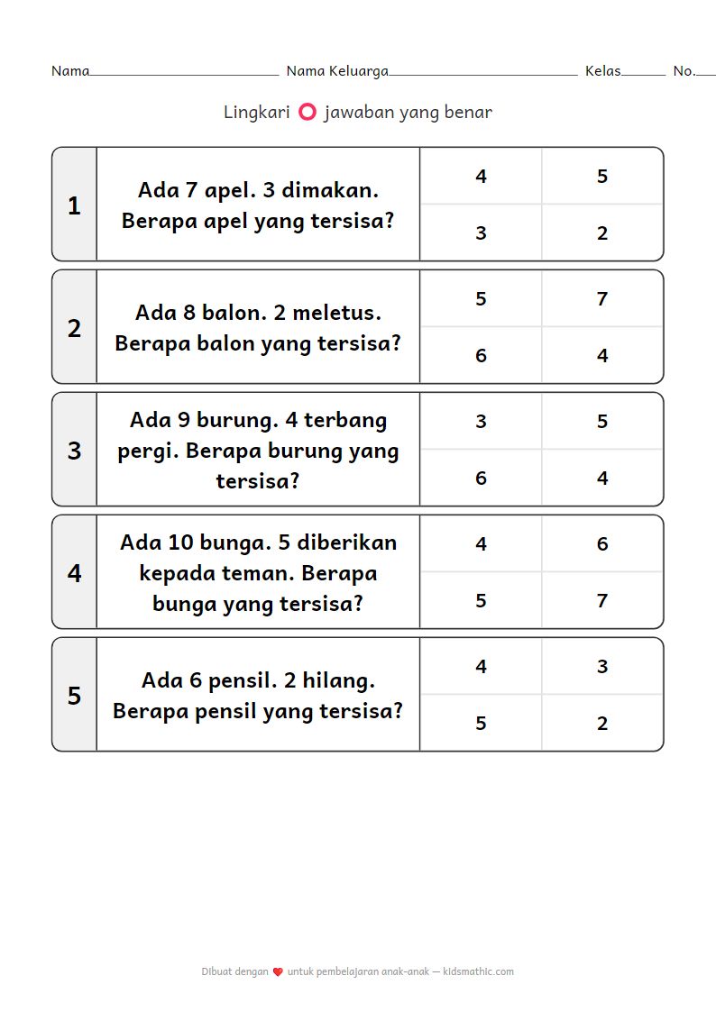 Lembar Kerja Pengurangan Sederhana untuk Anak Prasekolah