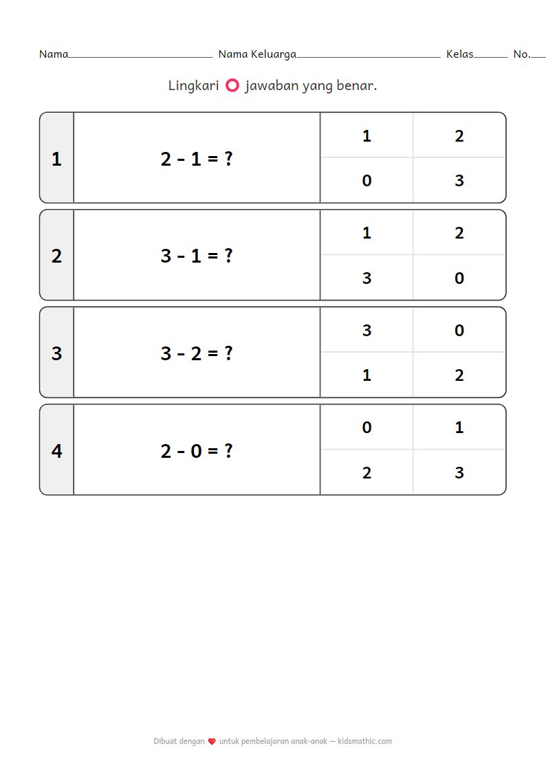 Lembar Kerja Pengurangan Dasar untuk Anak Prasekolah: Menghitung dan Mengurangi