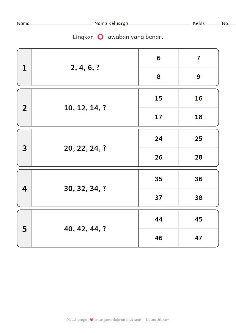 Lembar Kerja Menghitung Melompat 2 untuk TK