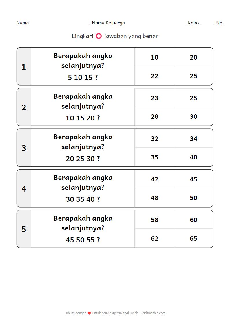 Lembar Kerja Menghitung Lompat 5 untuk Anak Prasekolah