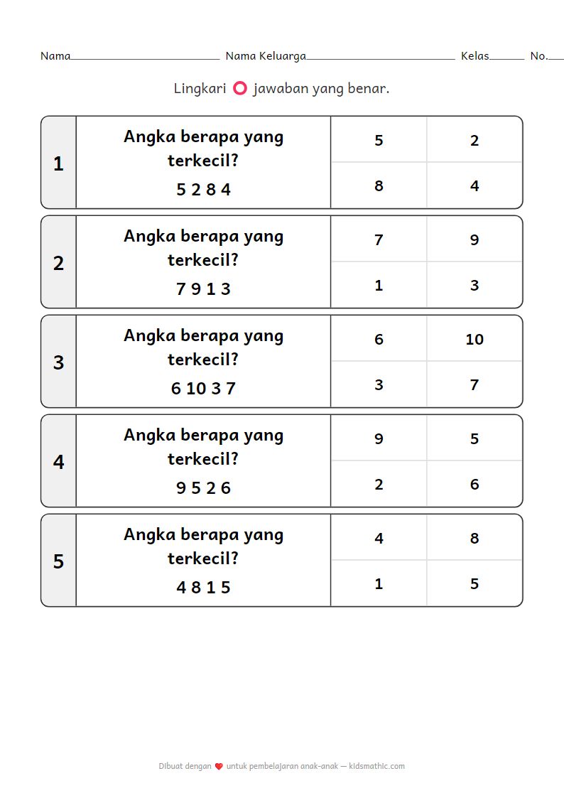 Lembar Kerja Identifikasi Angka Terkecil untuk Taman Kanak-kanak