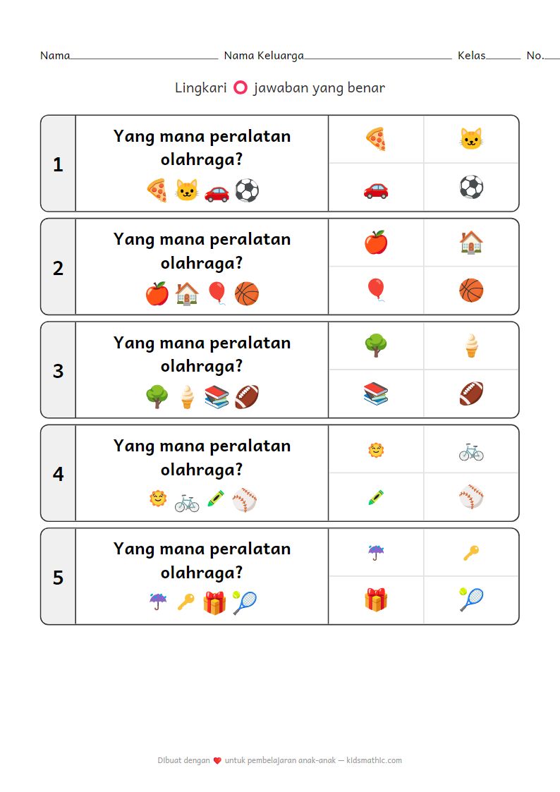 Lembar Kerja Kategorisasi Peralatan Olahraga untuk Prasekolah