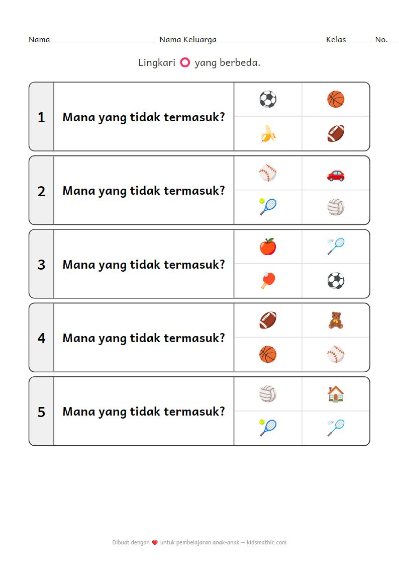 Lembar Kerja 'Mana yang Berbeda': Peralatan Olahraga untuk Prasekolah