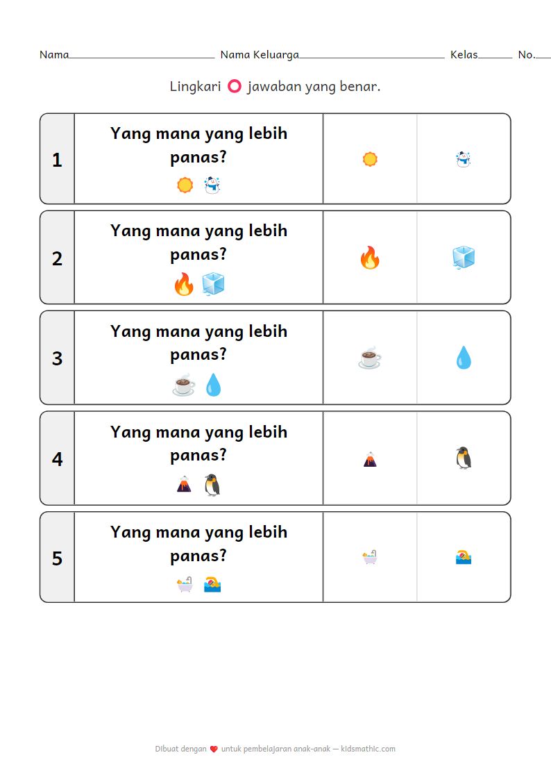 Lembar Kerja Perbandingan Suhu Panas-Dingin untuk Anak TK