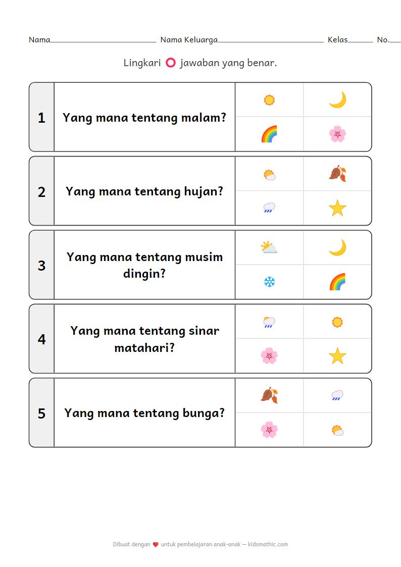 Lembar Kerja Mencocokkan Waktu dan Alam untuk Anak Prasekolah