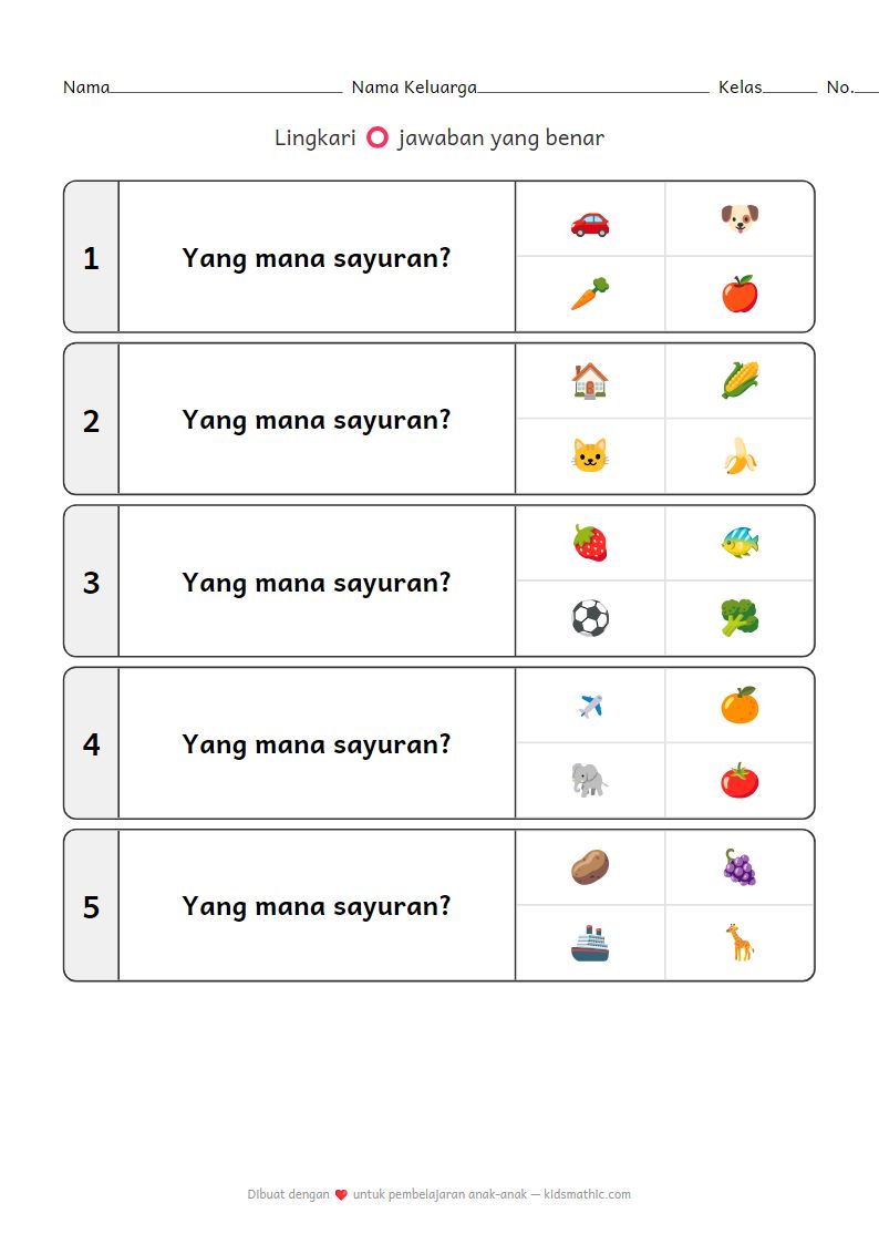 Lembar Kerja Identifikasi Sayuran untuk Anak Prasekolah (3-4 tahun)