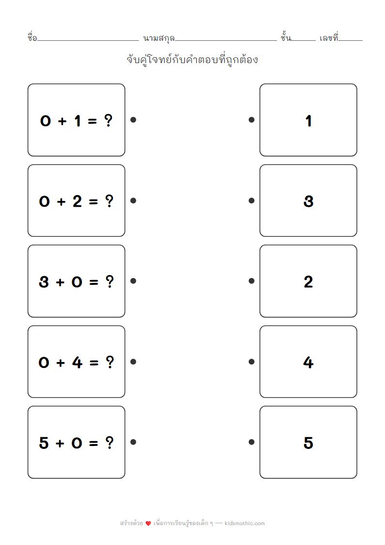 ใบงานจับคู่โจทย์บวกเลข 0 สำหรับเด็กอนุบาล