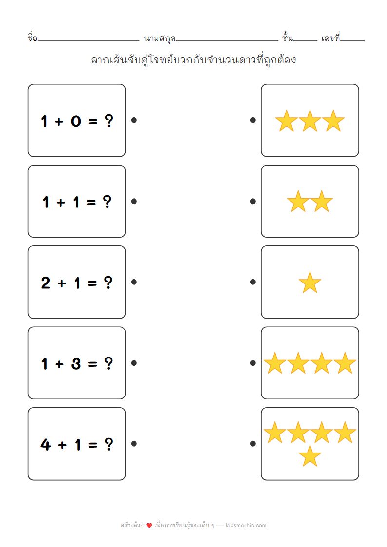 ใบงานจับคู่โจทย์บวกกับจำนวนดาวสำหรับเด็กอนุบาล