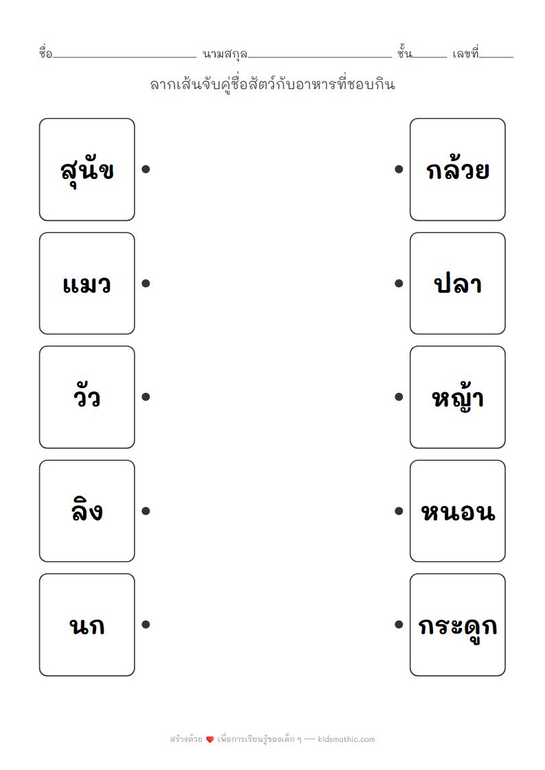 ใบงานจับคู่สัตว์กับอาหารสำหรับเด็กอนุบาล เสริมทักษะการเรียนรู้
