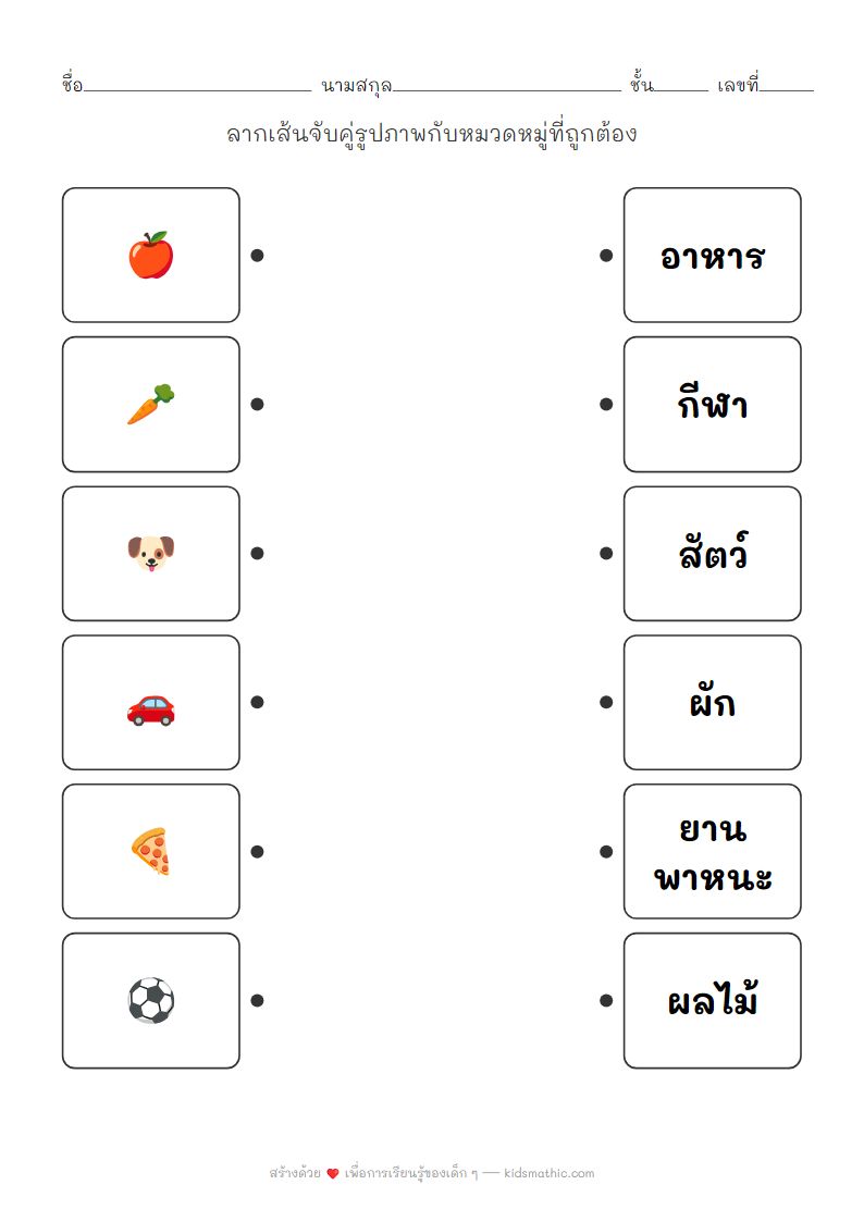 ใบงานจับคู่สิ่งของกับหมวดหมู่สำหรับเด็กอนุบาล