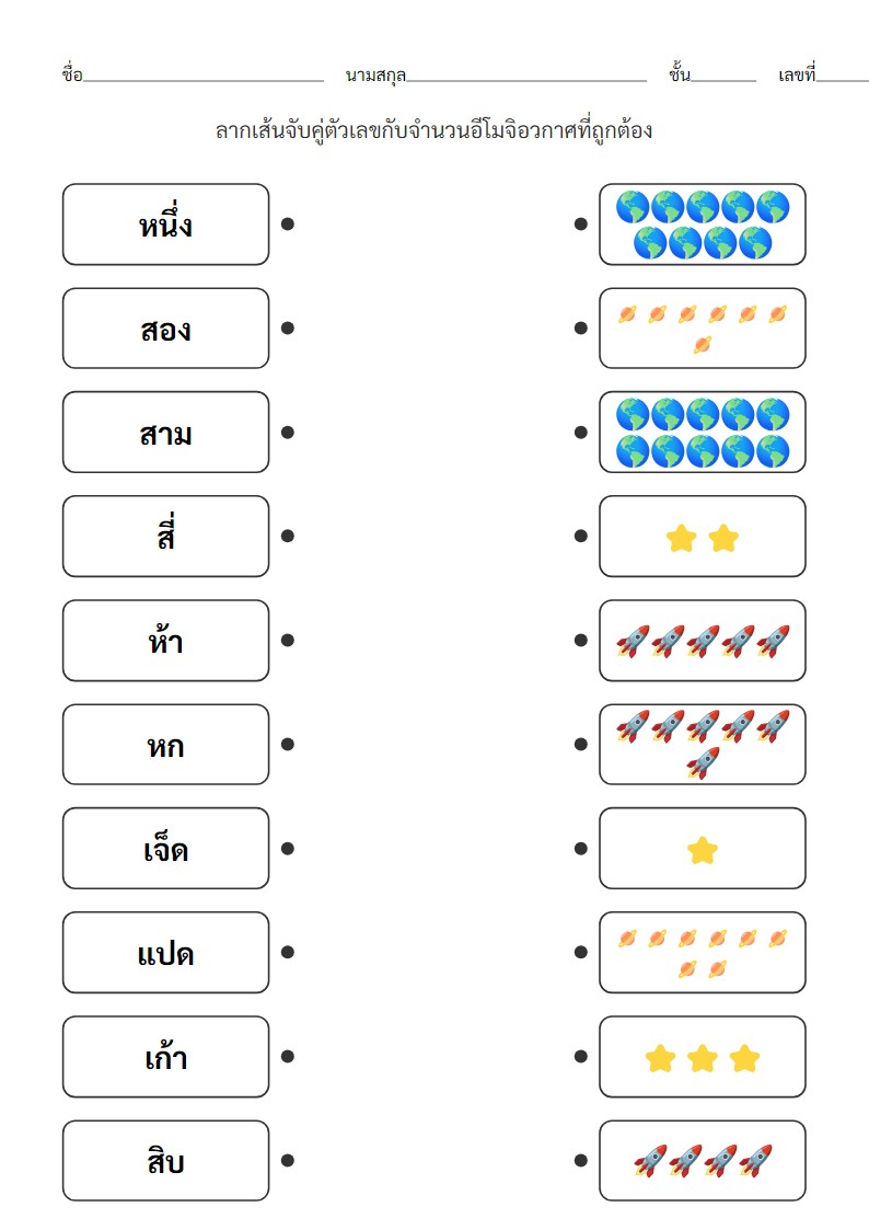 ใบงานจับคู่ตัวเลขกับอีโมจิอวกาศสำหรับเด็กอนุบาล