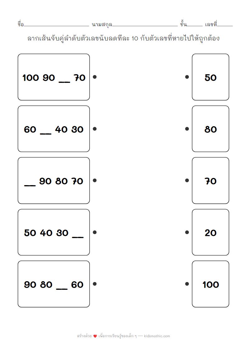ใบงานจับคู่ลำดับตัวเลขนับลดทีละ 10 สำหรับเด็ก ป.1