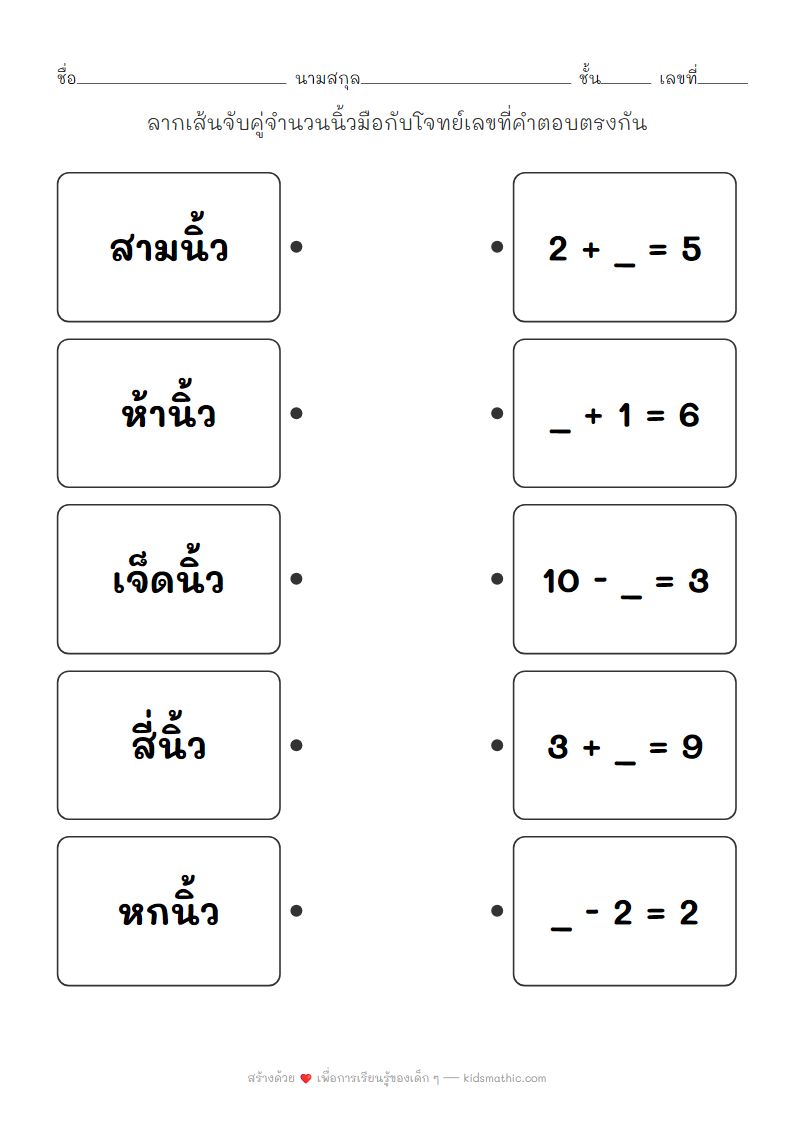 ใบงานจับคู่จำนวนนิ้วกับโจทย์เลขสำหรับเด็กอนุบาล