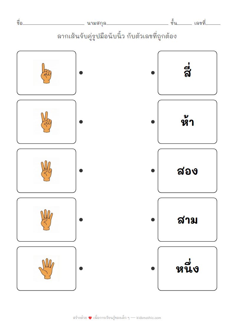ใบงานจับคู่รูปมือนับนิ้วกับตัวเลข 1-5 สำหรับเด็กอนุบาล