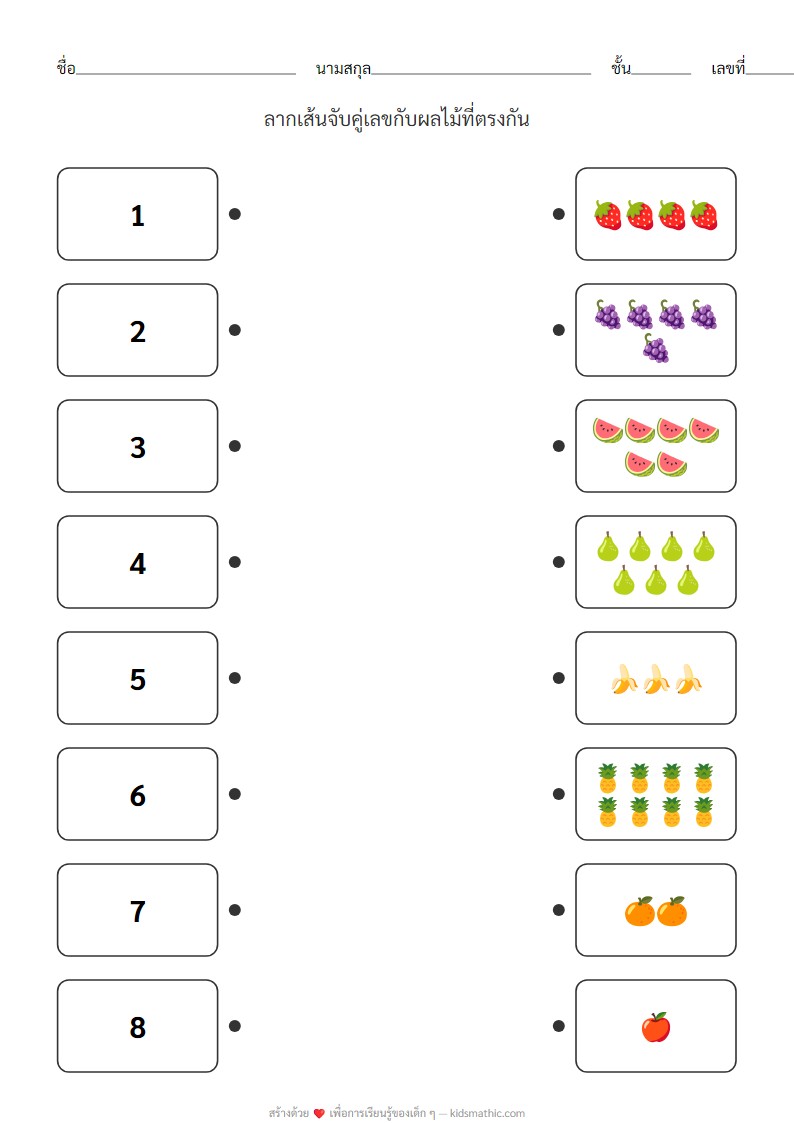 ใบงานจับคู่เลขผลไม้สำหรับอนุบาล