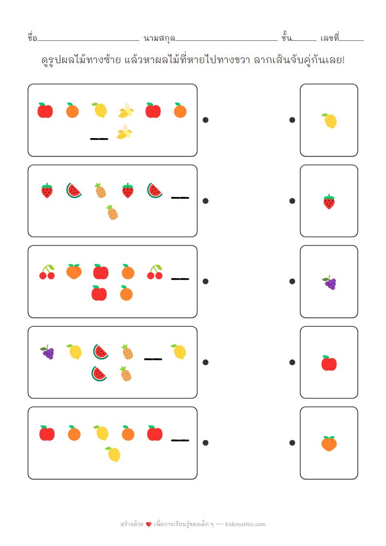 ใบงานจับคู่ลำดับผลไม้หายไปสำหรับเด็กอนุบาล