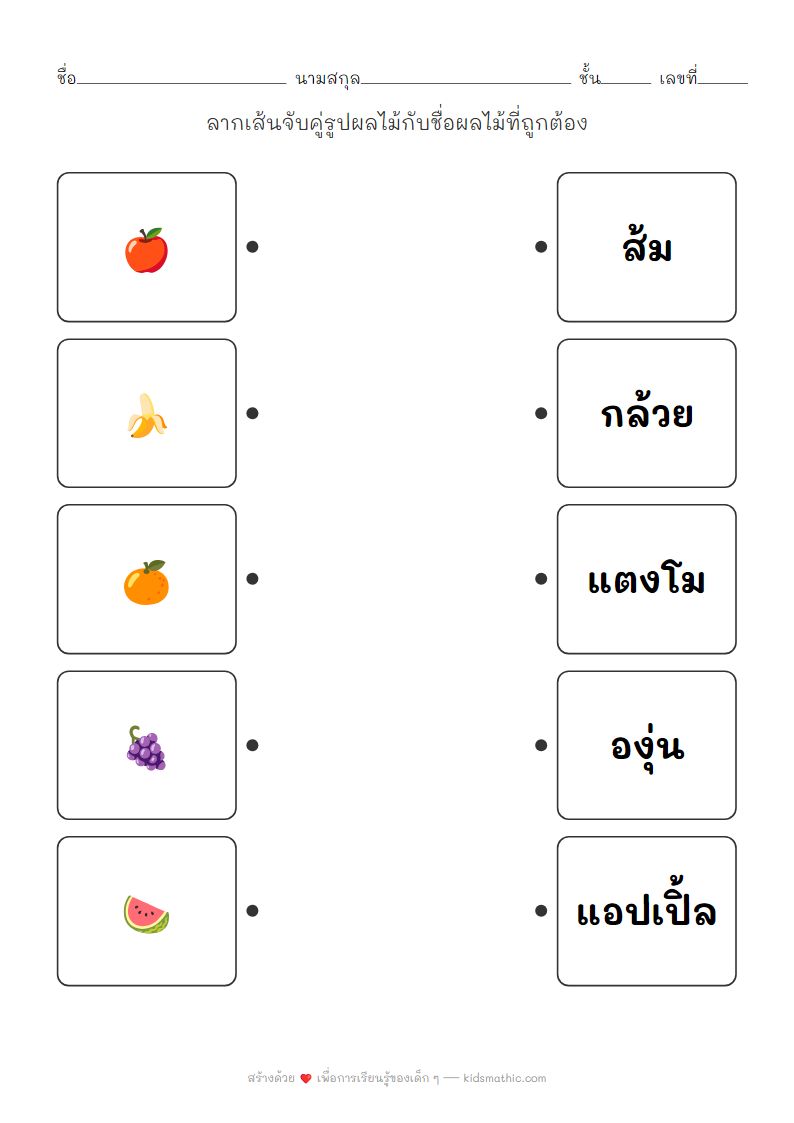 ใบงานจับคู่รูปผลไม้กับชื่อผลไม้สำหรับเด็กอนุบาล