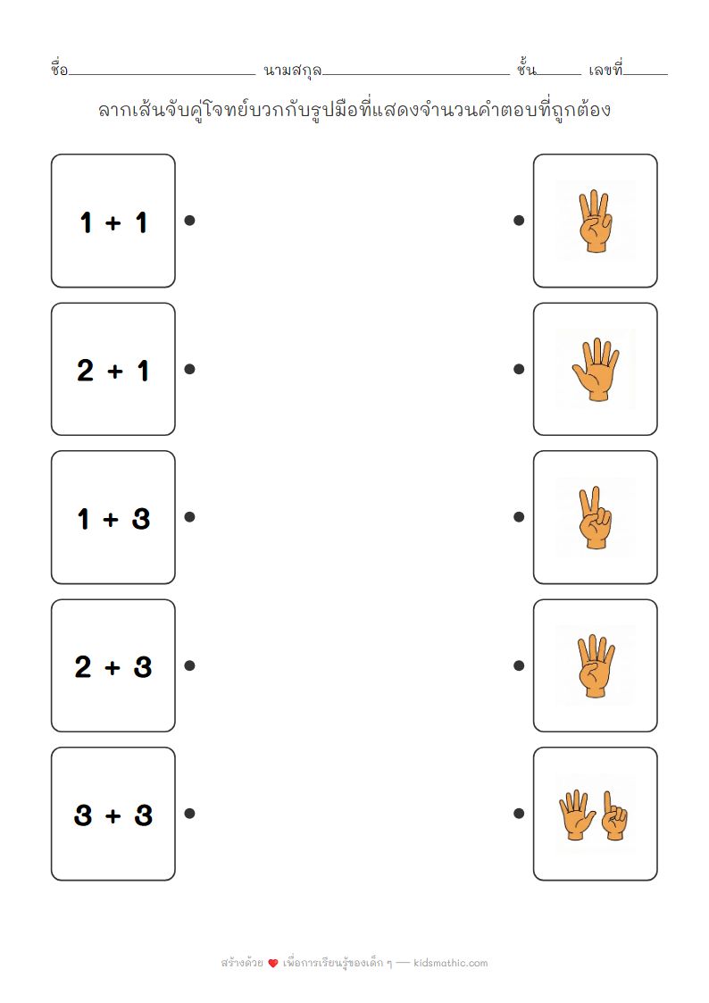 ใบงานจับคู่โจทย์บวกเลขง่ายๆ กับรูปมือนับนิ้วสำหรับเด็กอนุบาล
