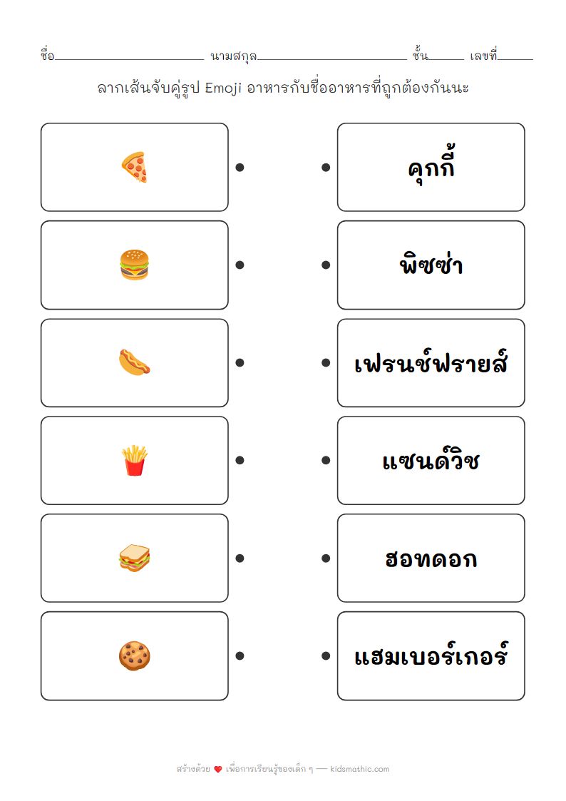 ใบงานจับคู่ Emoji อาหารกับชื่ออาหารสำหรับเด็กอนุบาล
