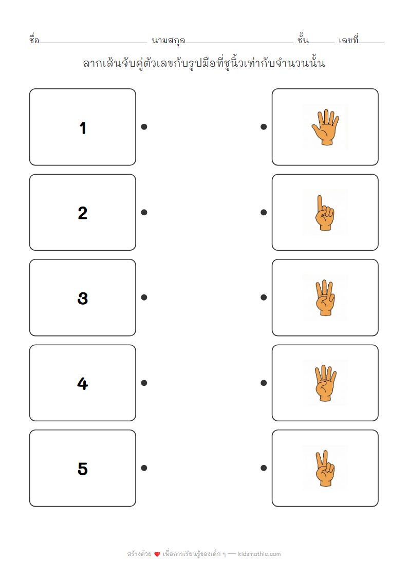 ใบงานคณิตศาสตร์: จับคู่ตัวเลข 1-5 กับรูปมือนับนิ้วสำหรับเด็กอนุบาล