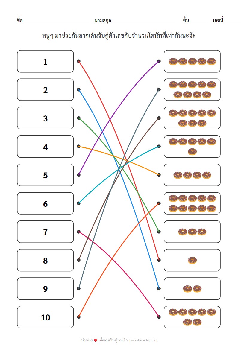 ใบงานจับคู่ตัวเลข 1-10 กับจำนวนโดนัทสำหรับเด็กอนุบาล - Answer