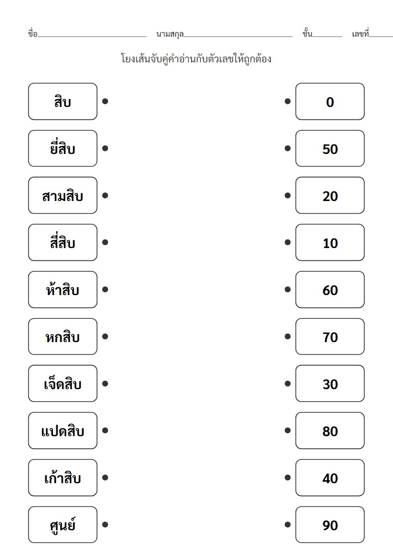 ใบงานจับคู่คำอ่านหลักสิบ (10-90) กับเลขอารบิก สำหรับ ป.1