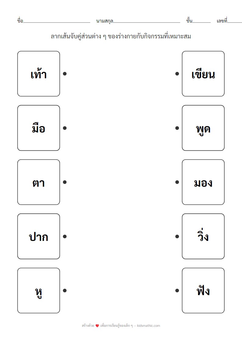 จับคู่ส่วนต่าง ๆ ของร่างกายกับกิจกรรม