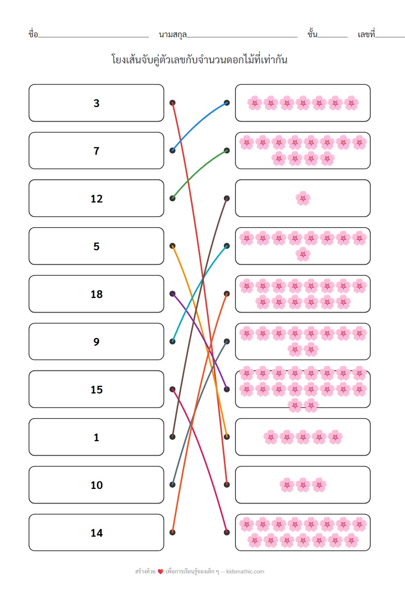 ใบงานจับคู่ตัวเลขกับดอกไม้ 1-20 สำหรับอนุบาล - Answer
