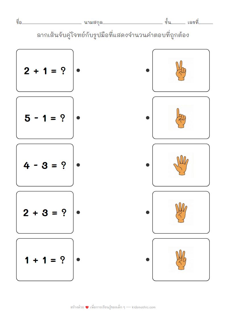 ใบงานจับคู่โจทย์เลขกับรูปมือสำหรับเด็กอนุบาล