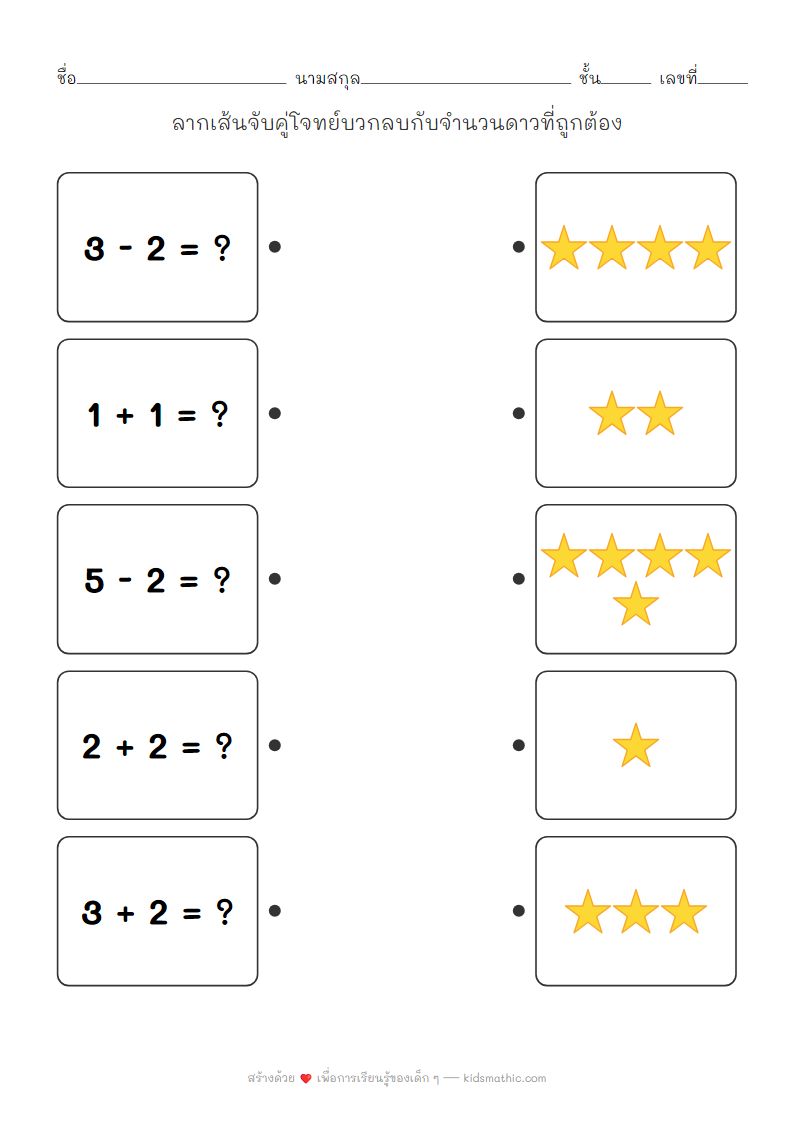 ใบงานจับคู่บวกลบเลขกับจำนวนดาวสำหรับเด็กอนุบาล