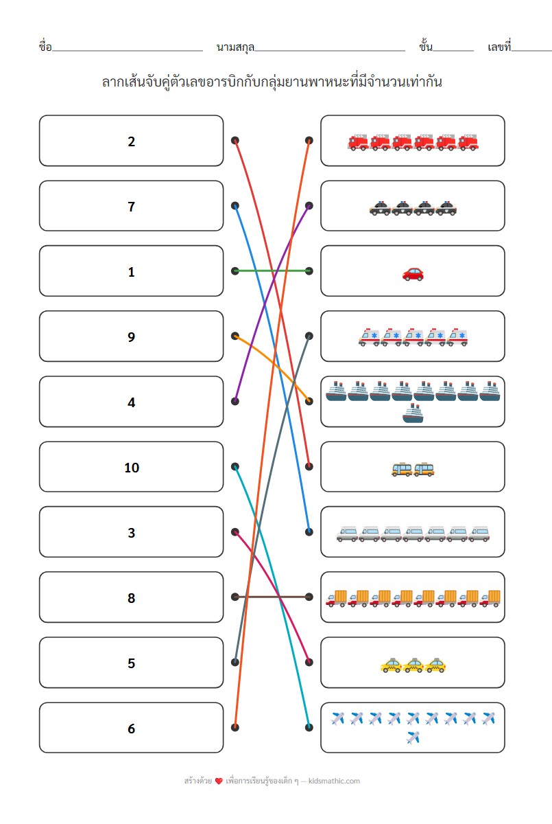 ใบงานจับคู่ตัวเลขกับจำนวนยานพาหนะสำหรับเด็กอนุบาล - Answer
