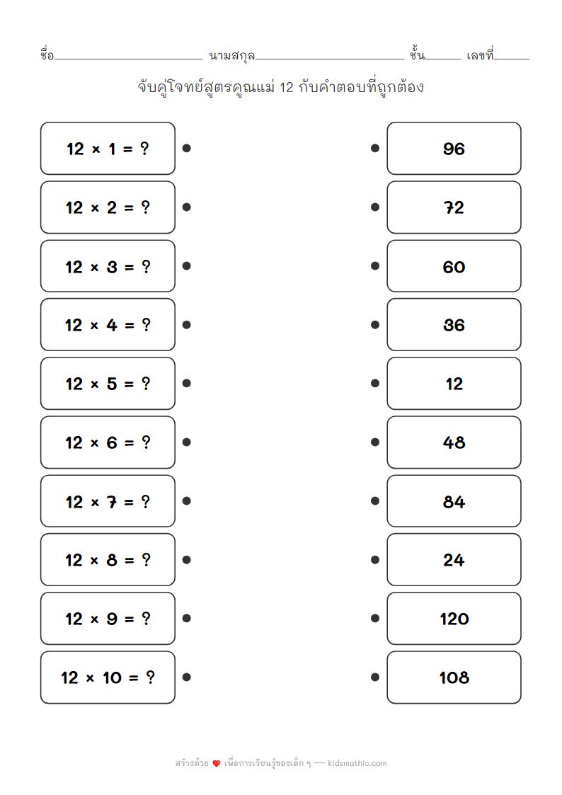 ใบงานจับคู่สูตรคูณแม่ 12 สำหรับเด็กอนุบาล