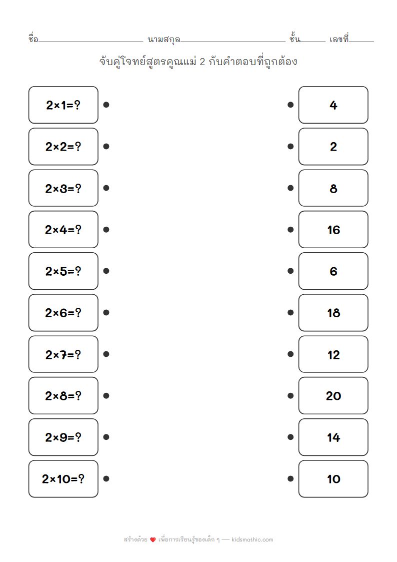 ใบงานจับคู่สูตรคูณแม่ 2 สำหรับเด็ก ป.2