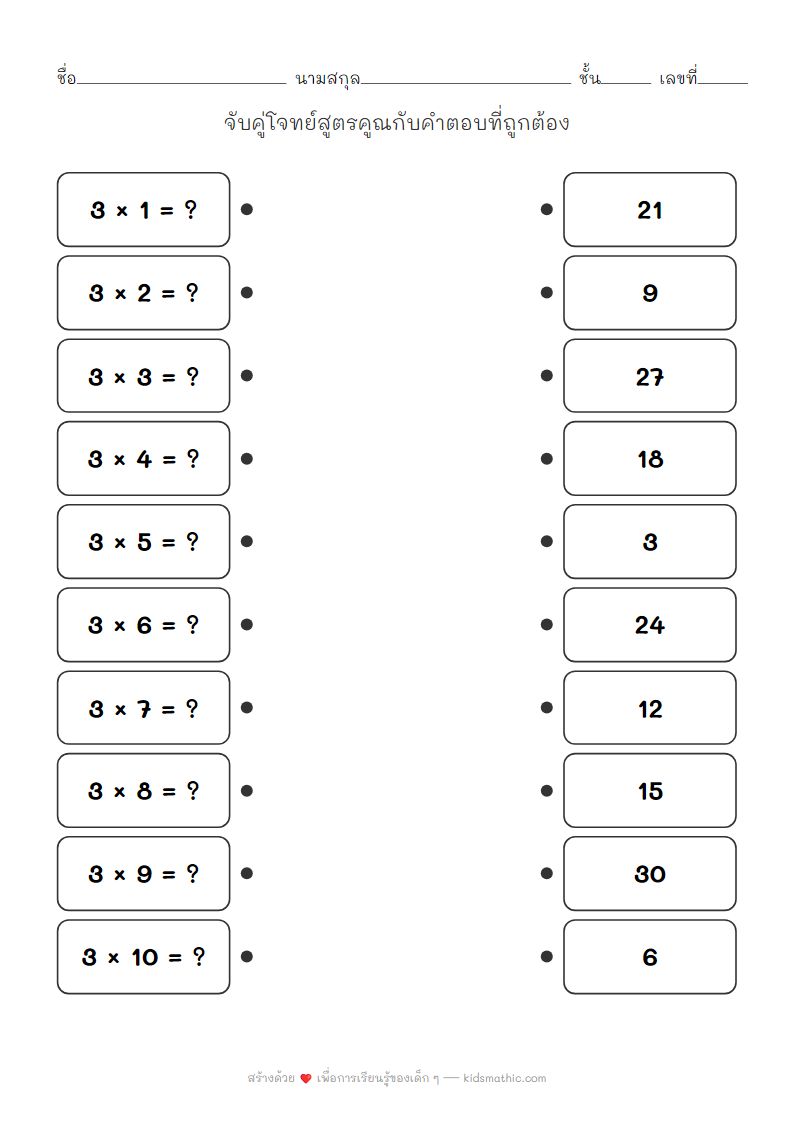 ใบงานจับคู่สูตรคูณแม่ 3 สำหรับเด็ก ป.2