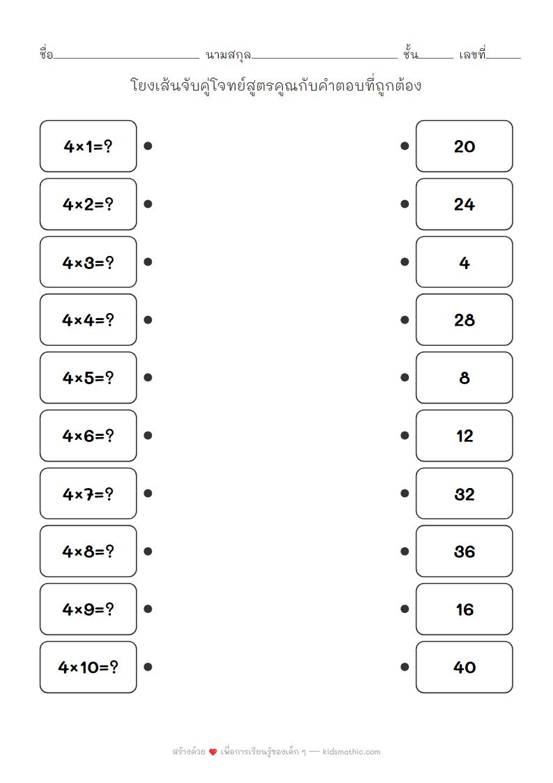 ใบงานจับคู่สูตรคูณแม่ 4 สำหรับเด็ก ป.2
