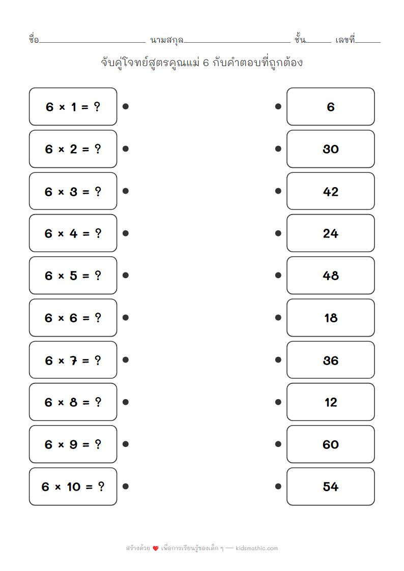 ใบงานจับคู่สูตรคูณแม่ 6 สำหรับเด็กอนุบาล