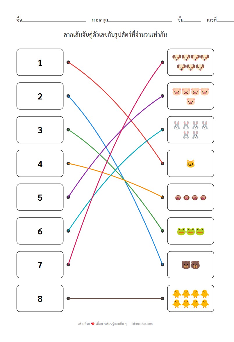 ใบงานจับคู่ตัวเลขกับสัตว์ (1-8) สำหรับอนุบาล - Answer