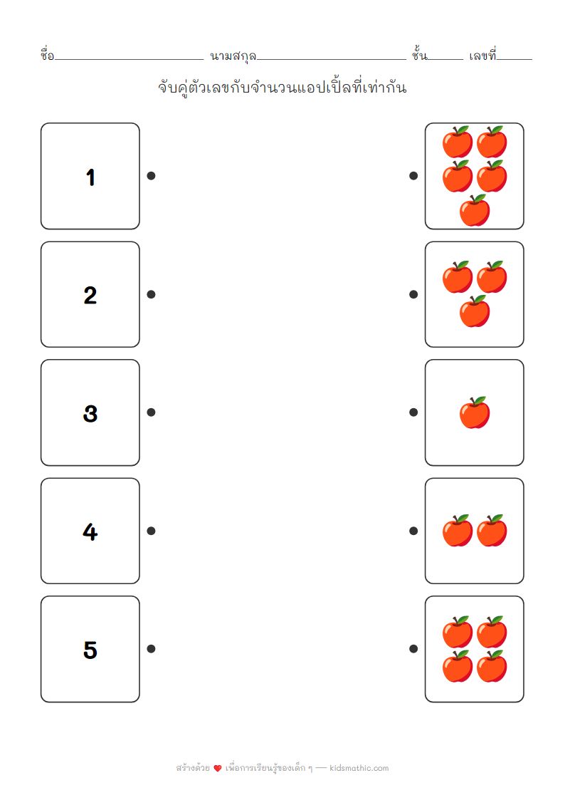 ใบงานจับคู่ตัวเลขกับจำนวนแอปเปิ้ลสำหรับเด็กอนุบาล