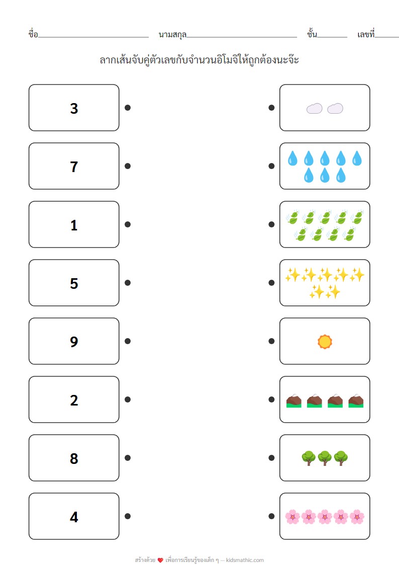 ใบงานจับคู่ตัวเลขกับอิโมจิธรรมชาติสำหรับอนุบาล 1