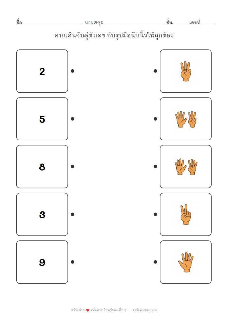 ใบงานจับคู่ตัวเลขกับรูปมือนับนิ้วสำหรับเด็กอนุบาล