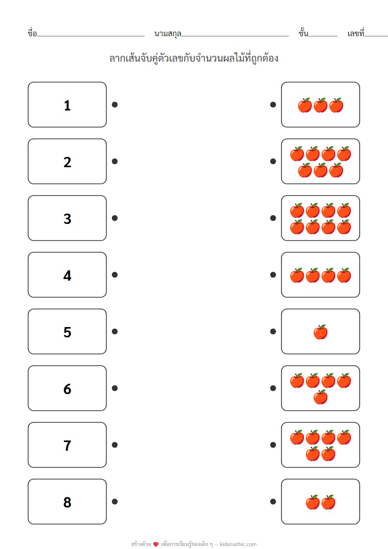 ใบงานจับคู่ตัวเลขกับจำนวนผลไม้สำหรับเด็กอนุบาล