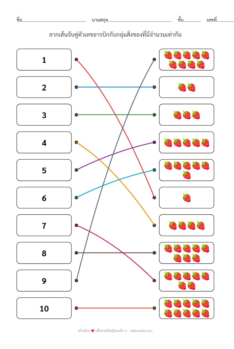 ใบงานจับคู่ตัวเลขกับจำนวน 1-10 สำหรับเด็ก ป.1 เสริมทักษะการนับ - Answer