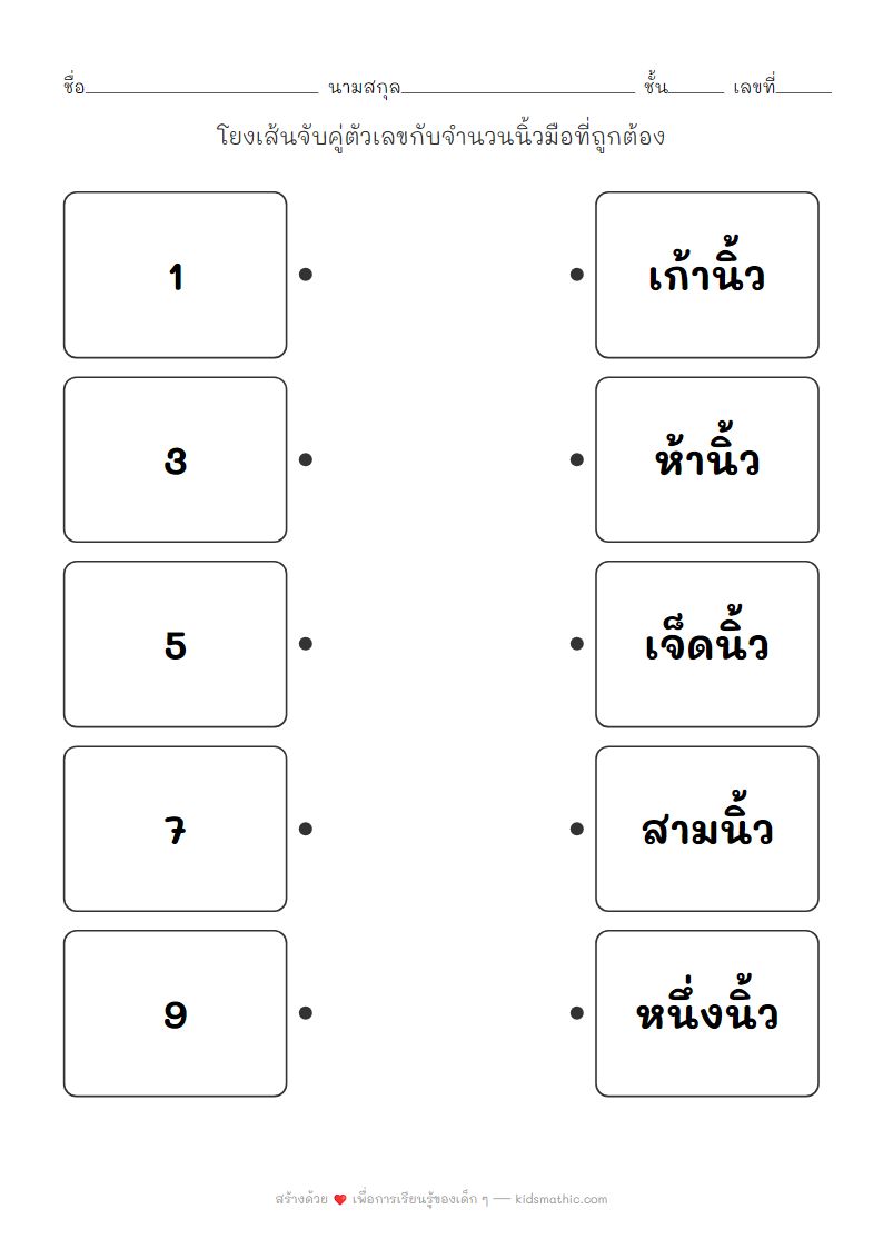 ใบงานจับคู่ตัวเลขกับจำนวนนิ้วมือสำหรับเด็กอนุบาล
