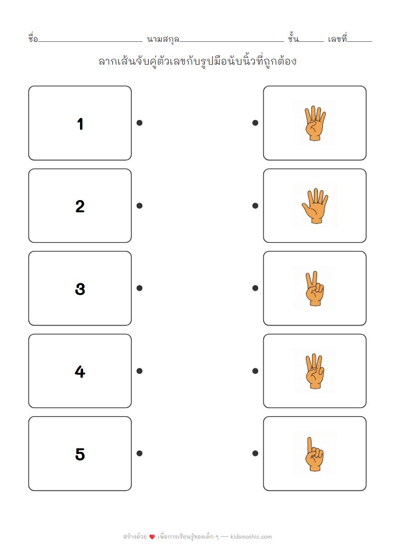 ใบงานจับคู่ตัวเลข 1-5 กับรูปมือนับนิ้วสำหรับเด็กอนุบาล