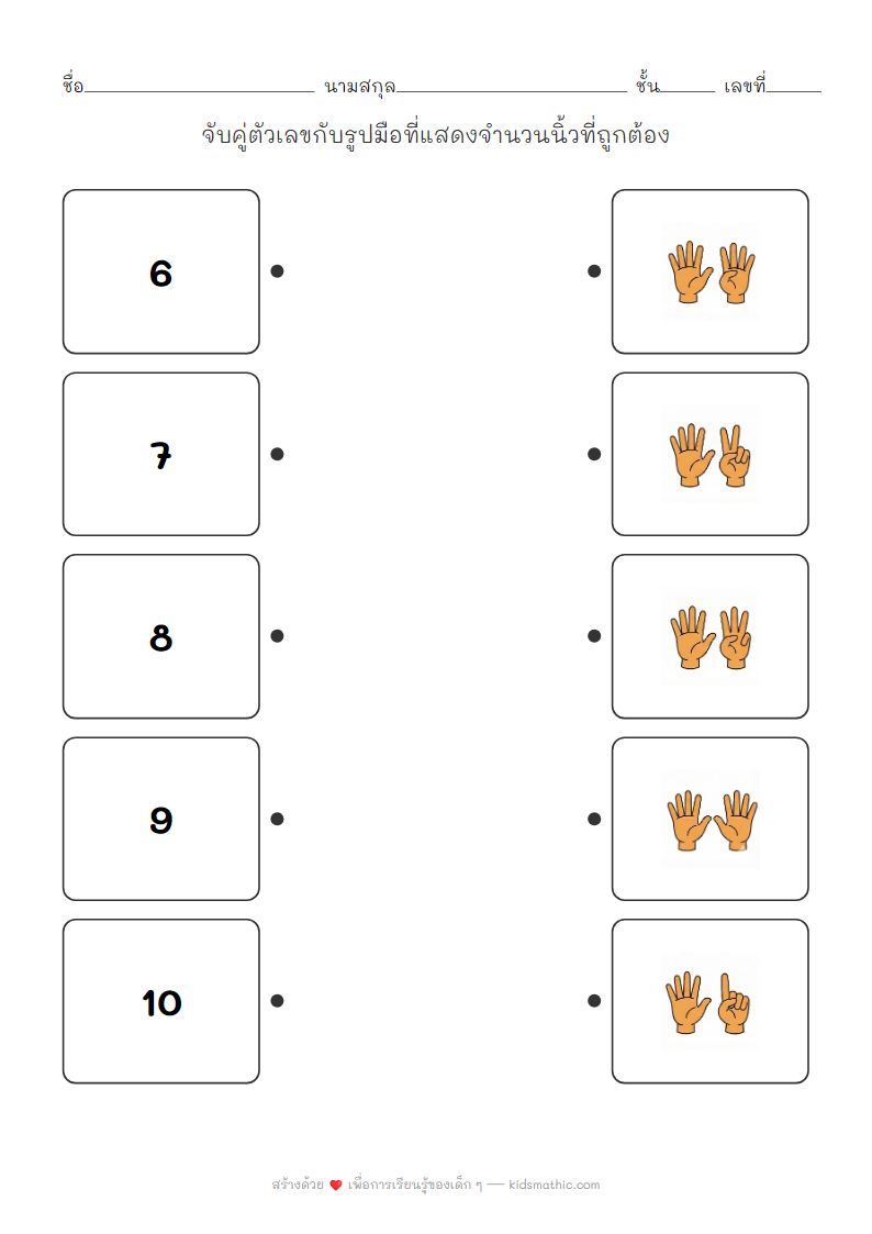ใบงานจับคู่ตัวเลขกับรูปมือนับนิ้วสำหรับเด็กอนุบาล