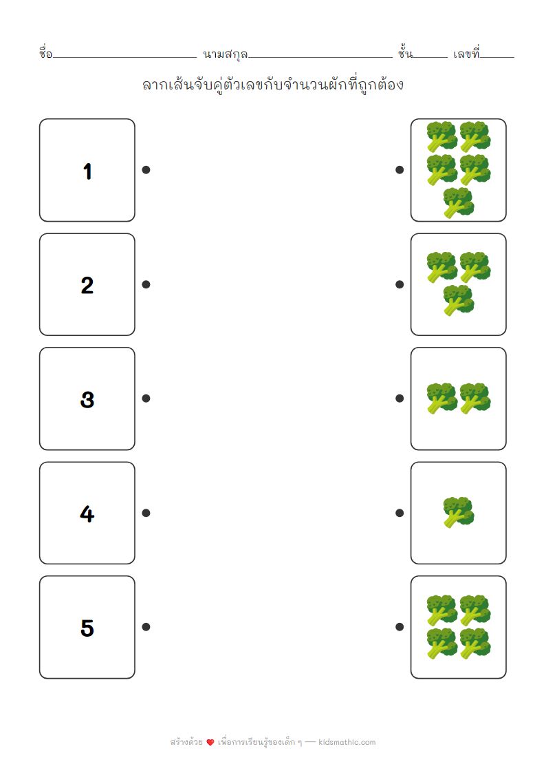 ใบงานจับคู่ตัวเลข 1-5 กับจำนวนผักสำหรับเด็กอนุบาล