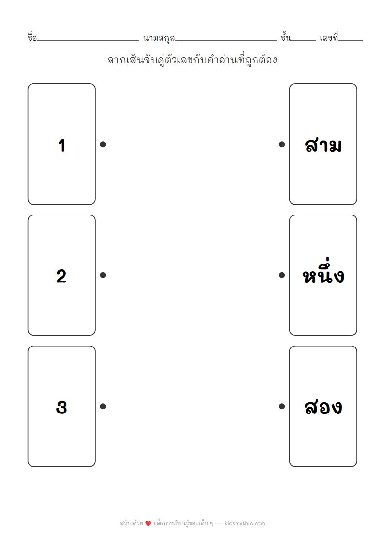 ใบงานจับคู่ตัวเลข 1-3 กับคำอ่านสำหรับเด็กอนุบาล